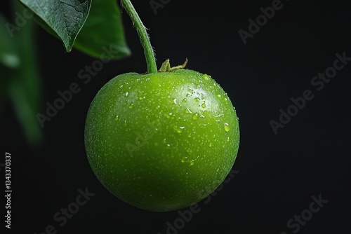 A single green fruit with water droplets and a connecting stem