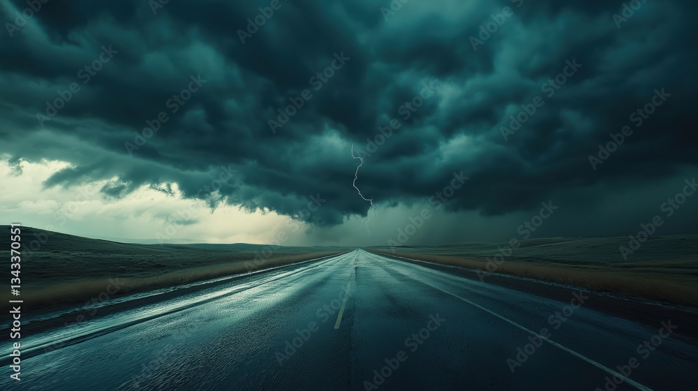 Fototapeta premium Dramatic storm clouds and lightning over a wet empty highway