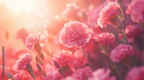 A vibrant bouquet, a symphony of pink, where carnations, delicate blooms with velvety petals, unfurl their faces towards the sun is golden rays.