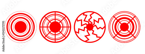 Red earthquake epicenter symbol set