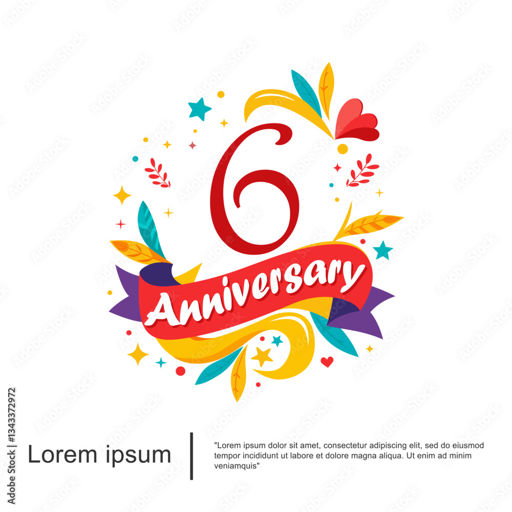 Obraz premium 6th years anniversary celebration emblem. anniversary logo colorful and cheerful isolated with leaves, ribbons and stars on white background. vector illustration template design