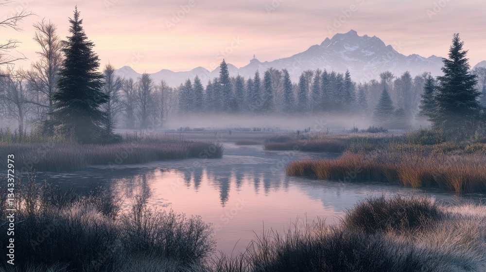 Fototapeta premium Tranquil Misty Morning Over Serene Lake and Mountain Landscape