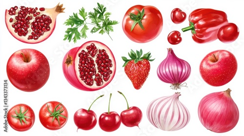 Red fruit and vegetable mix collection. Pomegranate, tomato, apple, pomelo, radish, currant, plum, cherry, strawberry, raspberry, onion, pepper isolated on white background. Flat la