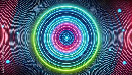 A hypnotic abstract background and wallpaper featuring glowing concentric circles in a gradient of neon blue, green, and pink