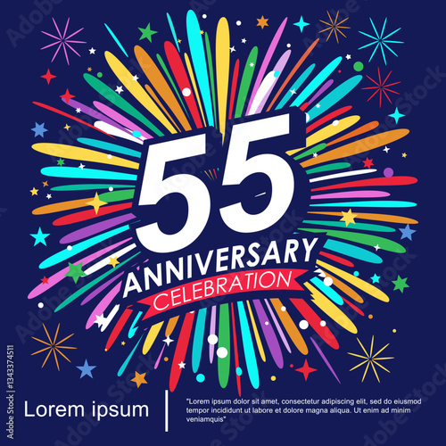 55th years anniversary celebration logo isolated with ribbon, stars and fireworks sparkle twinkle. vector illustration template design for web, flyers, poster, invitation card or greeting card