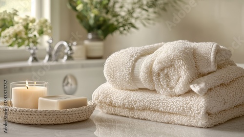 A curated collection of bath accessories, including a fluffy towel, a luxurious soap dish, and a fragrant candle, awaits the indulgence of a relaxing bath ritual.