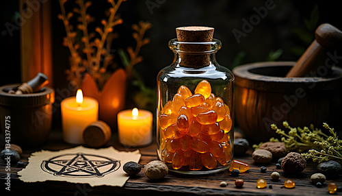 Witch jar filled with crystals and corked on an old wooden table. Burning candles, magical attributes, mysterious atmosphere.