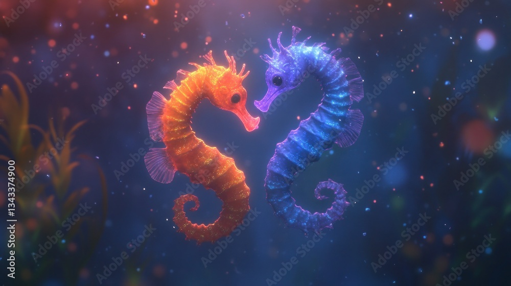 Fototapeta premium Two seahorses, orange and blue, embrace in underwater scene.