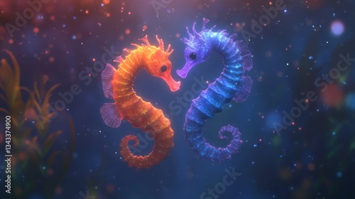 Two seahorses, orange and blue, embrace in underwater scene.