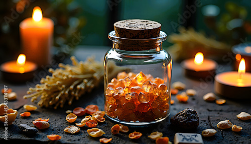 Witch jar filled with crystals and corked on an old wooden table. Burning candles, magical attributes, mysterious atmosphere.