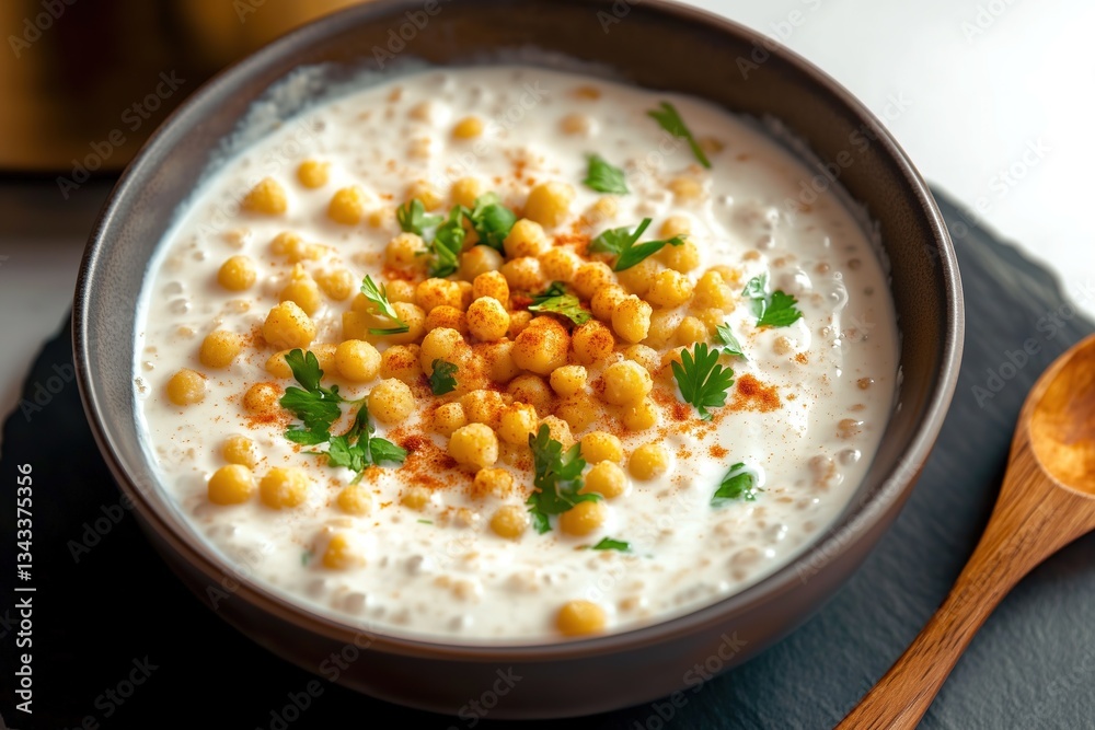 Boondi Raita with Spices, Tamarind Drizzle, and Fresh Coriander Garnish, Indian delightful Yogurt Boondi Raita with Spices, Tamarind Drizzle, and Fresh Coriander Garnish, Indian delightful Yogurt
