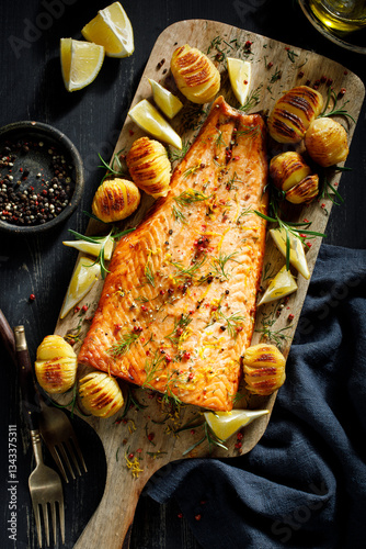 Roast salmon fillet seasoned with lemon zest and herbs  with hasselback potatoes, top view