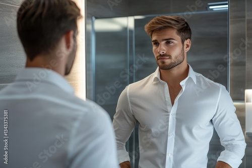 A well-dressed man standing in front of the mirror