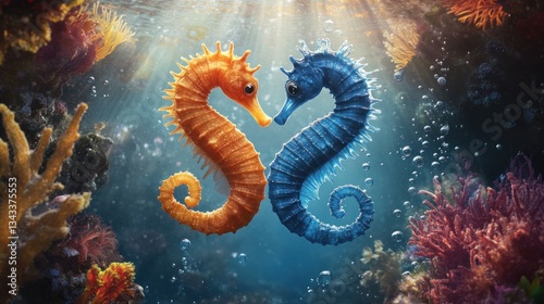 Two seahorses, orange and blue, forming a heart shape underwater, surrounded by coral.