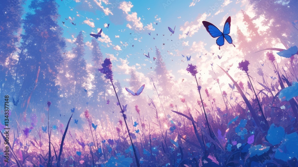 Fototapeta premium wallpaper background purple flower field landscape with beautiful view mountain anime style digital art painting illustration 