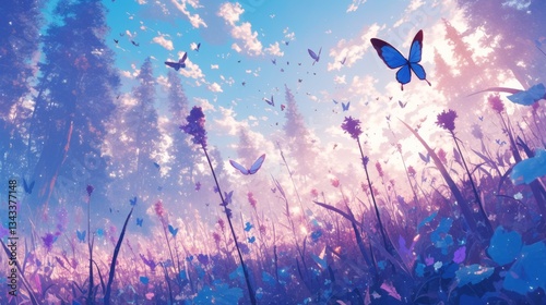 wallpaper background purple flower field landscape with beautiful view mountain anime style digital art painting illustration 