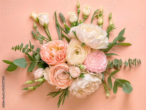 generative AI spring flowers bouquet congratulations woman positive good mood sunny weather nature flora gentle the most beautiful flower peonies, lisianthuses eucalyptus macro background postcard