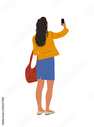 Vector illustration of a young woman in casual clothes, standing back view, holding a phone and taking a picture. Perfect for travel, lifestyle, photography, and modern city life concepts. 