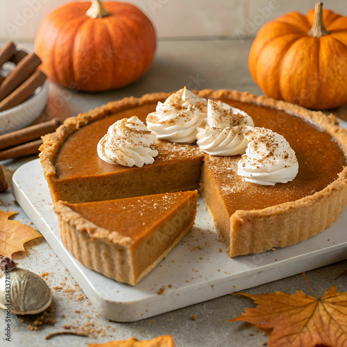 A perfectly baked pumpkin pie with a smooth, spiced filling and a golden, flaky crust.