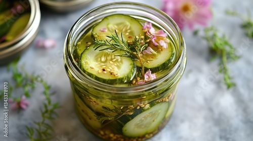 A jar of vibrant green, homemade pickles, their tangy aroma filling the air, a testament to the simple joys of preserving summer is bounty.