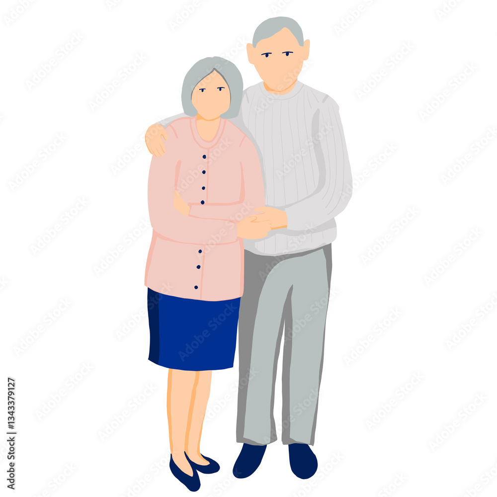 Fototapeta premium Couple of elderly people hugging each other, loving grandma and grandpa, two old woman and man. Flat cartoon characters, family concept