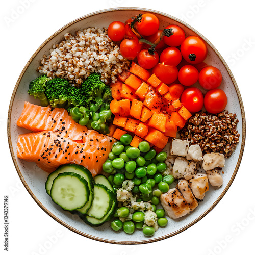 plate divided into sections with fresh vegetables, lean proteins, and whole grains, symbolizing a healthy and fulfilling diet PNG