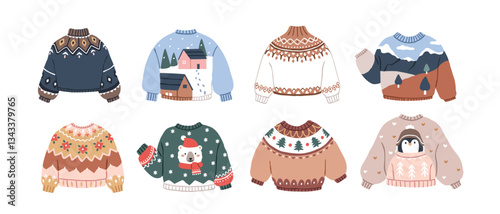 Sweaters set, festive Christmas designs. Cozy winter jumpers with cute holida...