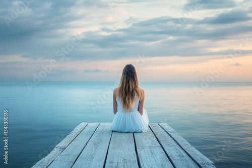 Woman in white dress sitting on a wooden pier facing the calm sea at sunset