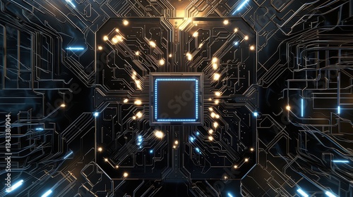 An ultra modern microprocessor chip with a sleek metallic design, futuristic micro chip on a motherboard, cutting edge AI processor, Metallics style, tech innovation