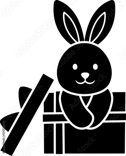 Easter rabbit character sitting in a gift box  cartoon silhouette. 
Cute character white bunny sitting with gift box silhouette flat vector illustration.
Good for greeting card,poster, craft and DIY.
