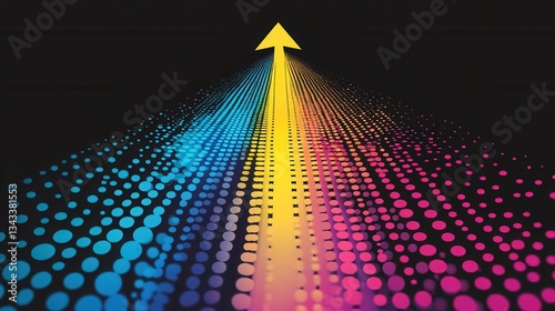 Yellow arrow is pointing up representing growth and success on a colorful background