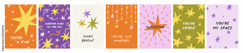 Obraz premium Inspirational cards, posters with phrases, set. Modern postcard designs with stars and cute positive motivational words, greetings, letterings in trendy doodle style. Colored flat vector illustration