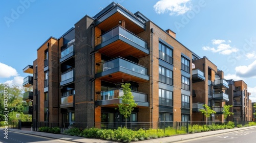 Modern urban apartment complex architecture with balconies against blue sky