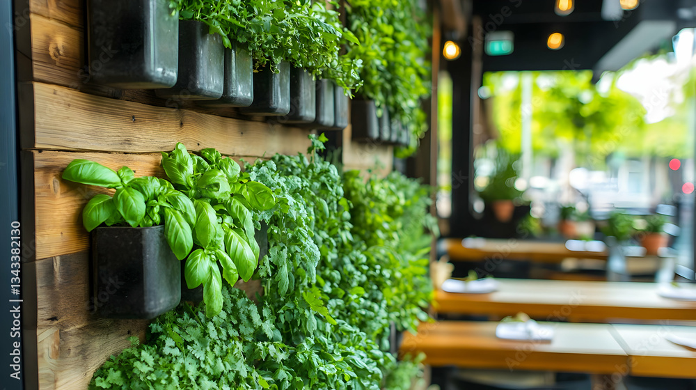 Fototapeta premium Vibrant Herb Garden on Wooden Wall: Restaurant Decor