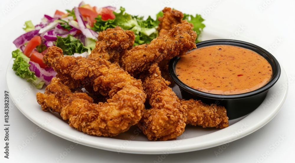 Crispy fried shrimp with fresh salad and dipping sauce Crispy fried shrimp with fresh salad and dipping sauce
