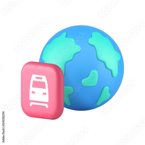 Global travel by train railway locomotive transportation 3d icon realistic vector illustration. International railroad trip engine rail transport carriage with globe planet tour tourism