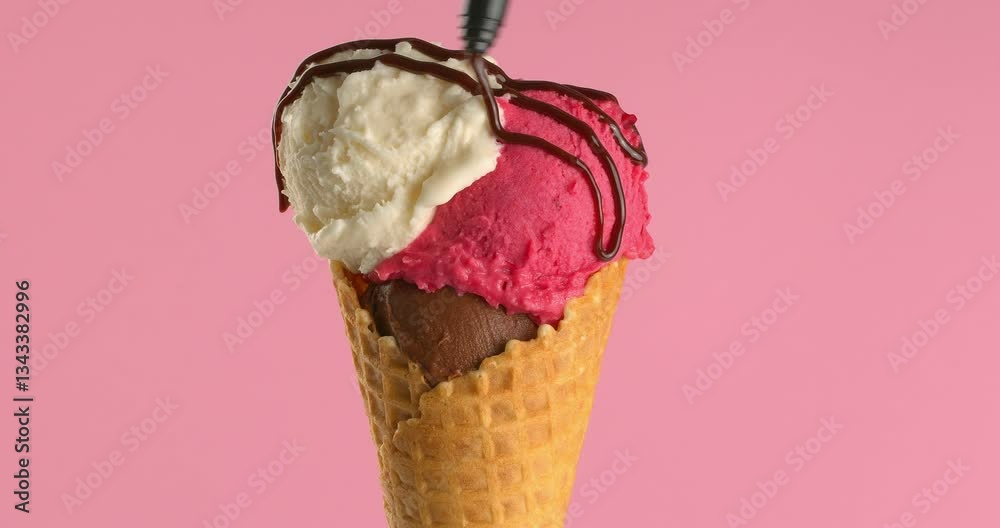 Mix of chocolate, vanilla, and berry ice cream in a waffle cone is being topped with chocolate sauce. Close-up footage on the rotating table.