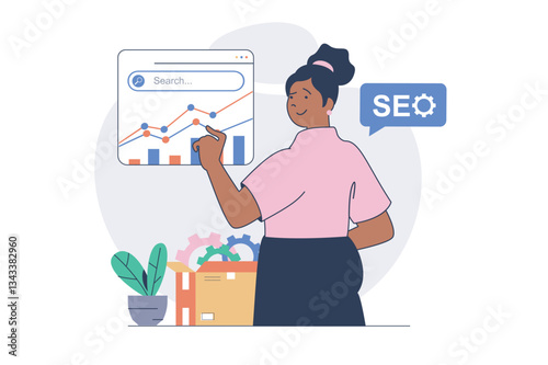 SEO optimization concept with cartoon people in flat design for web. Woman making data analysis of search results, working with statistic report, researching online traffic. Vector illustration.