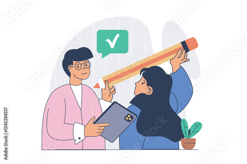 Teamwork concept with cartoon people in flat design for web. Man and woman brainstorming and finding new ideas for project, supporting colleagues, working with best motivation. Vector illustration.
