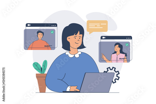 Video conference concept with cartoon people in flat design for web. Man and woman connecting online via video call, have virtual meeting with colleagues, connecting by internet. Vector illustration.