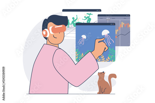 Virtual reality concept with cartoon people in flat design for web. Man in VR headset interacting with screen, choosing undersea exploration, data analysis and cyberspace gaming. Vector illustration.