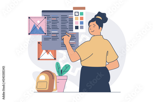 Web development concept with cartoon people in flat design. Woman creating page interfaces, working with webpage layouts, choosing colors and content block placement at screen. Vector illustration.