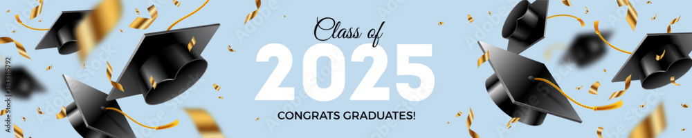 Banner with graduation caps or toga hats tossed up and golden foil confetti. Graduation party at the school, college or university. Congrats graduates. Horizontal vector illustration.