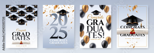 Set of greeting card or poster with graduation caps, diploma scroll, confetti and balloons. Graduation party at the school, college or university. Congrats graduates. Vector illustration.