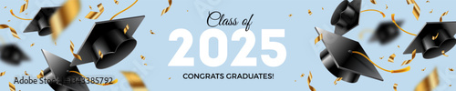 Banner with graduation caps or toga hats tossed up and golden foil confetti. Graduation party at the school, college or university. Congrats graduates. Horizontal vector illustration.