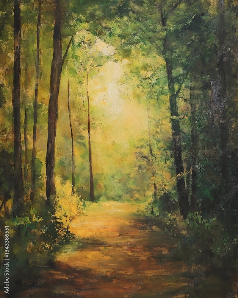 Fototapeta premium Enchanted Forest Path Oil Painting Sunlight Nature Trees Landscape Art