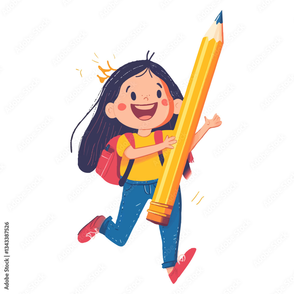 Cute cartoon girl holding a large pencil and jumping, flat design illustration with a white background Cute cartoon girl holding a large pencil and jumping, flat design illustration with a white background