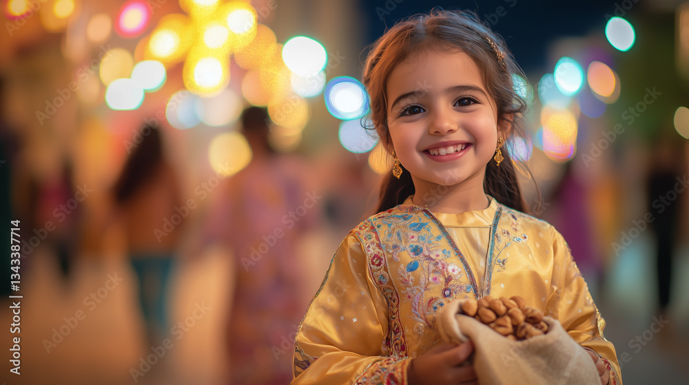 Garangao Festival, close-up of a little girl wearing a gold jalabiya with typical Qatari embroidery, holding a cloth bag filled with nuts and sweets while smiling happily, Ai generated images Garangao Festival, close-up of a little girl wearing a gold jalabiya with typical Qatari embroidery, holding a cloth bag filled with nuts and sweets while smiling happily, Ai generated images