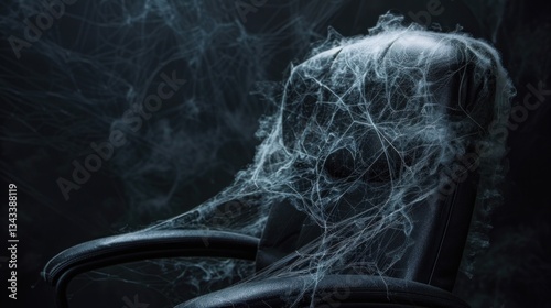 Abandoned office chair covered in cobwebs, a symbol of neglect and stagnation