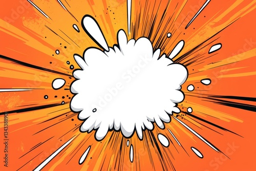 Orange comic explosion background with white speech bubble and zoom lines